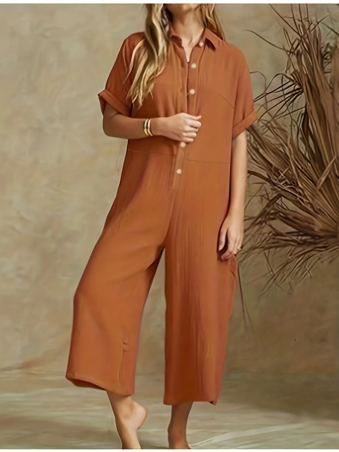 Women's Plus Plain Button Up Wide Leg Jumpsuit