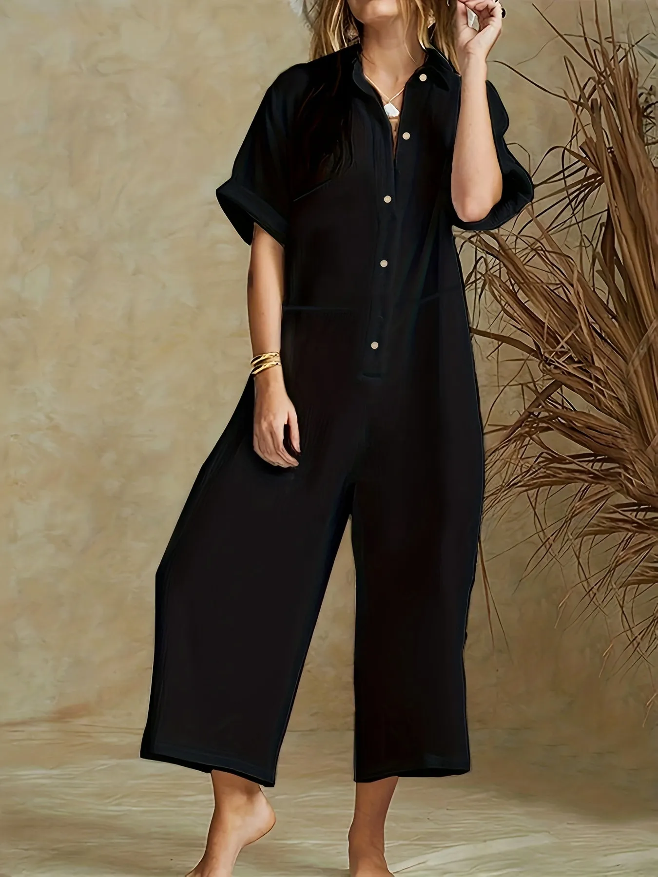 Women's Plus Plain Button Up Wide Leg Jumpsuit