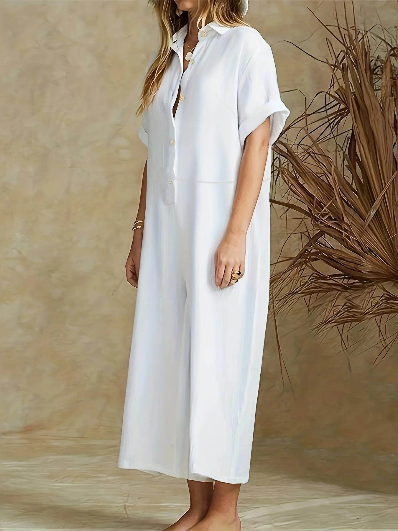 Women's Plus Plain Button Up Wide Leg Jumpsuit