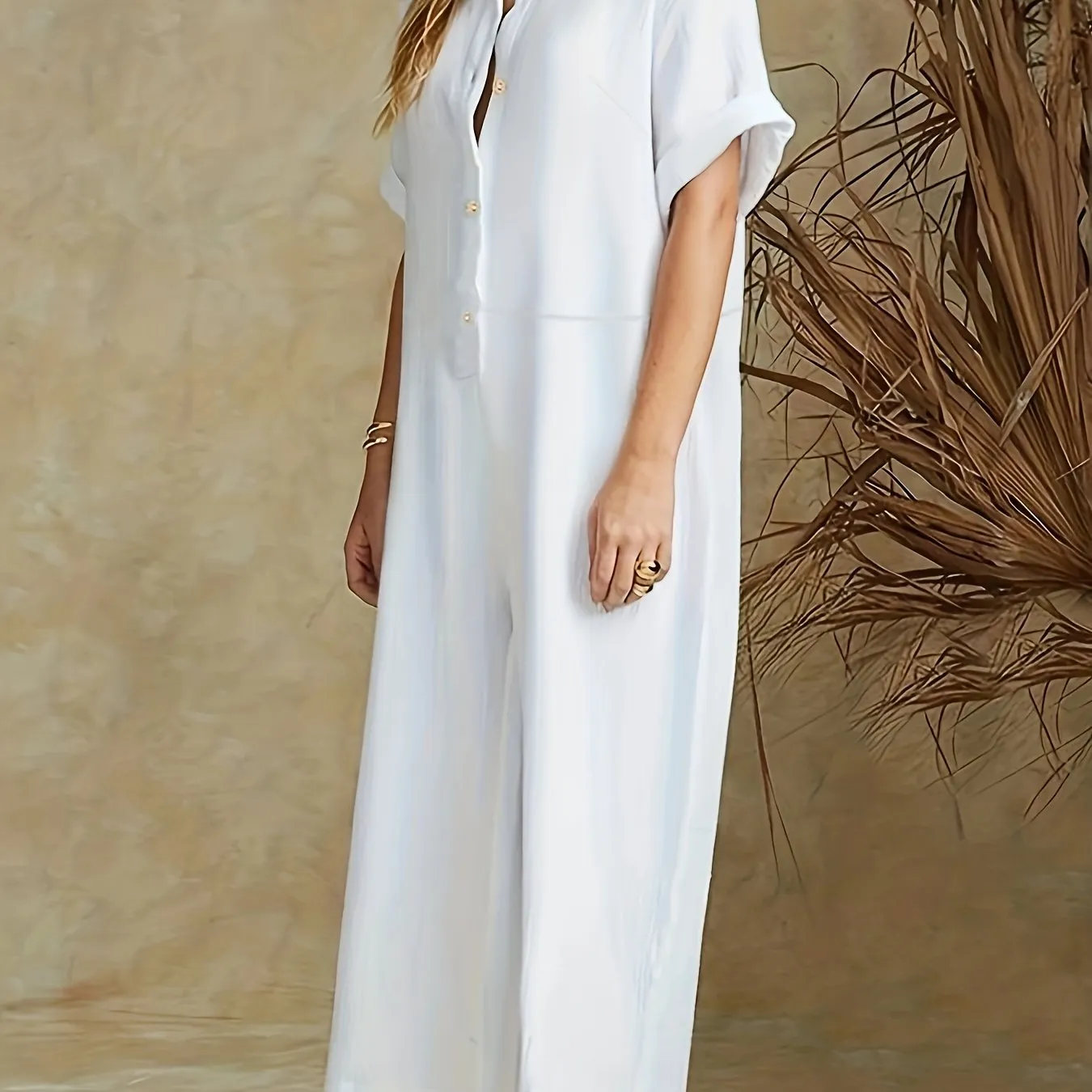 Women's Plus Plain Button Up Wide Leg Jumpsuit