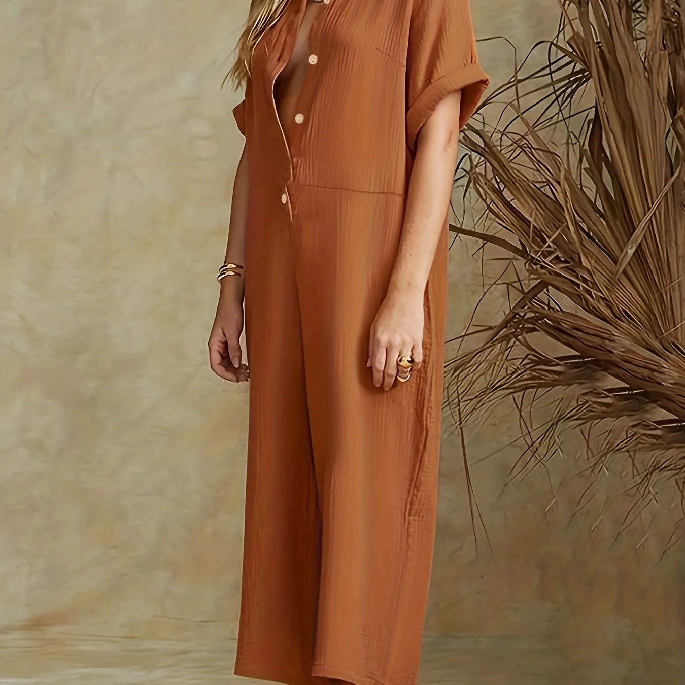 Women's Plus Plain Button Up Wide Leg Jumpsuit