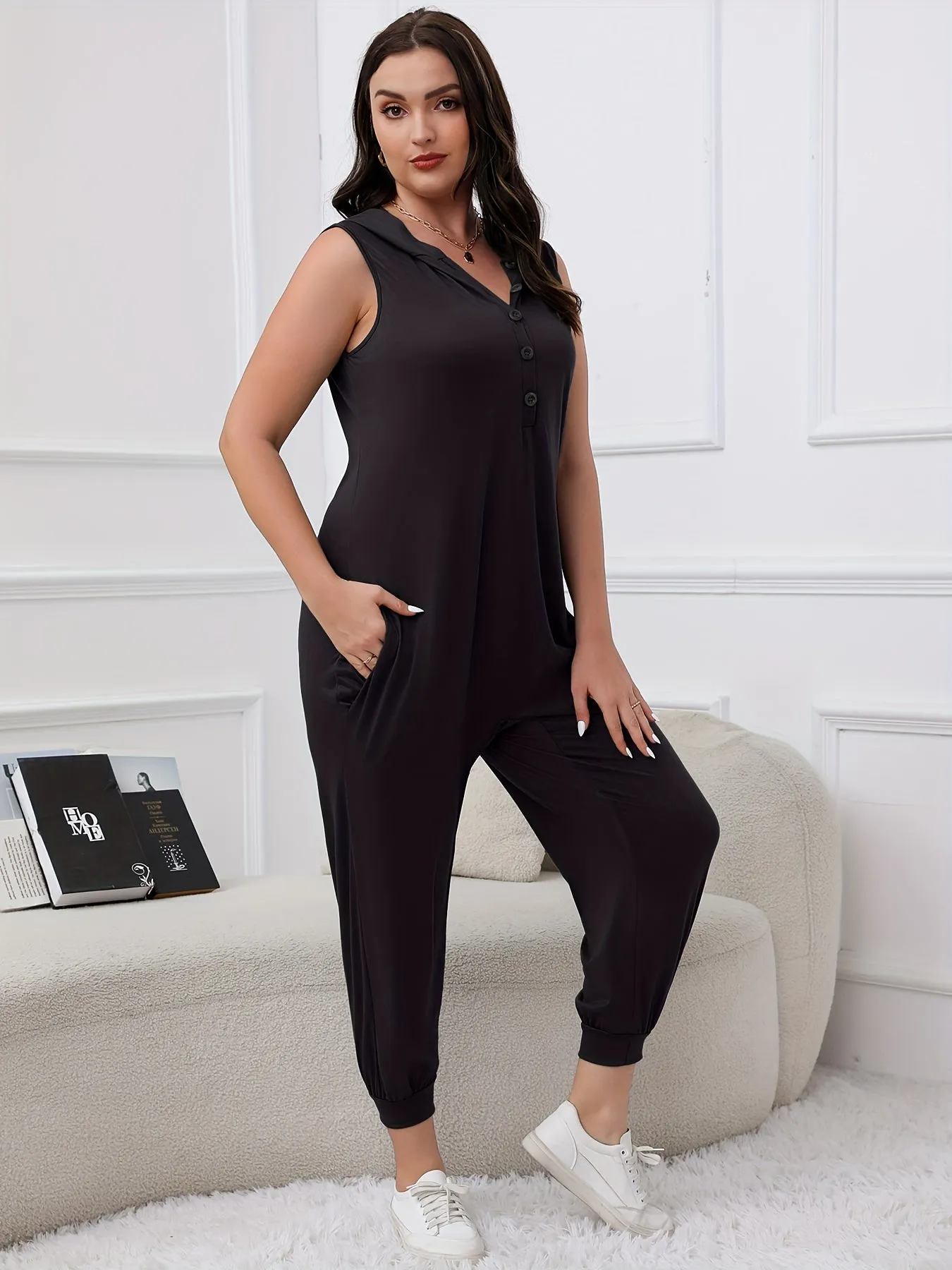 Women's Plus Solid Hooded Sleeveless Tank Jumpsuit