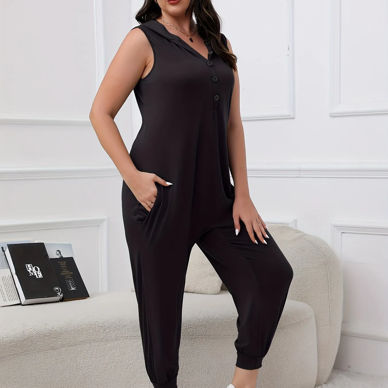 Women's Plus Solid Hooded Sleeveless Tank Jumpsuit