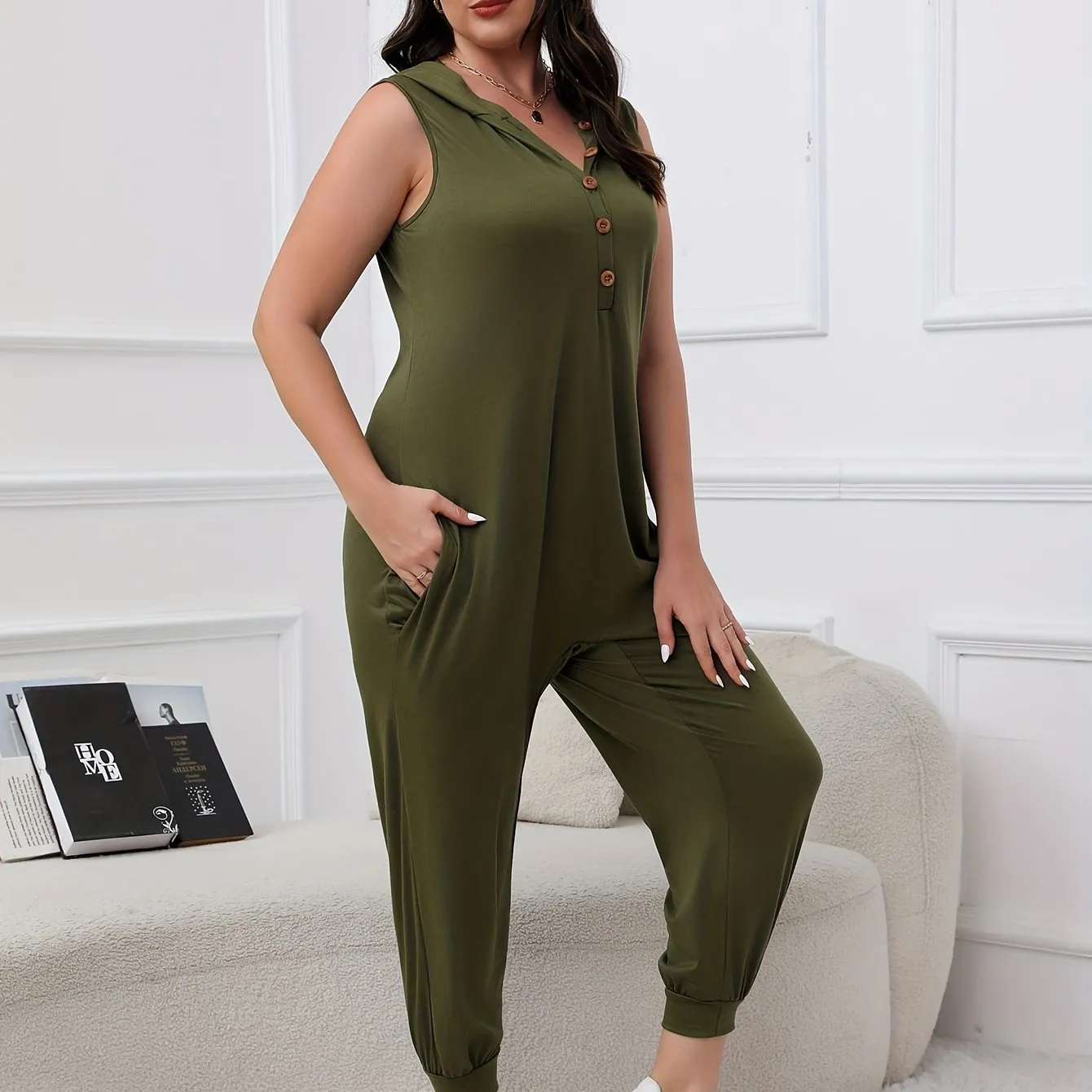 Women's Plus Solid Hooded Sleeveless Tank Jumpsuit