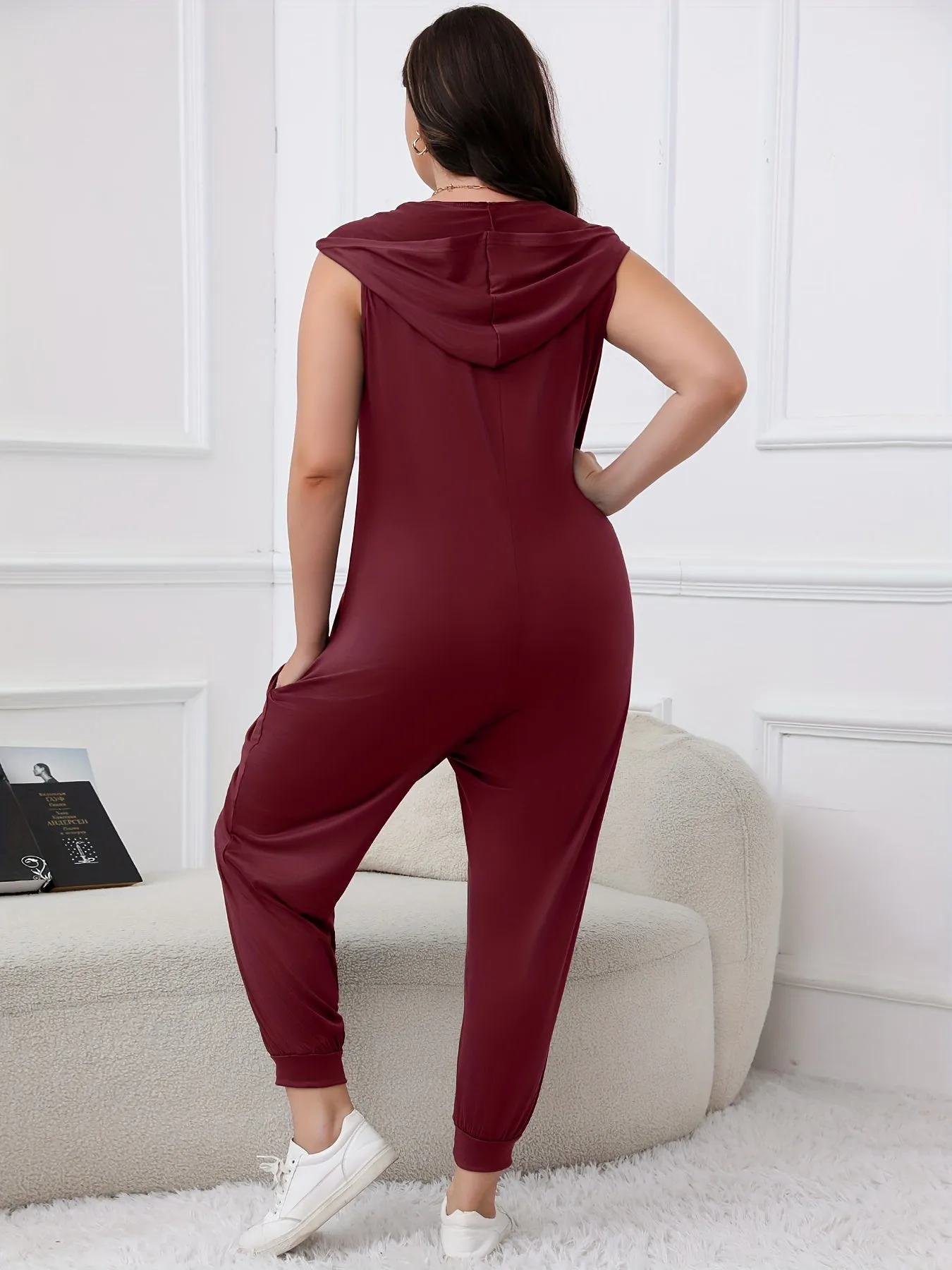 Women's Plus Solid Hooded Sleeveless Tank Jumpsuit