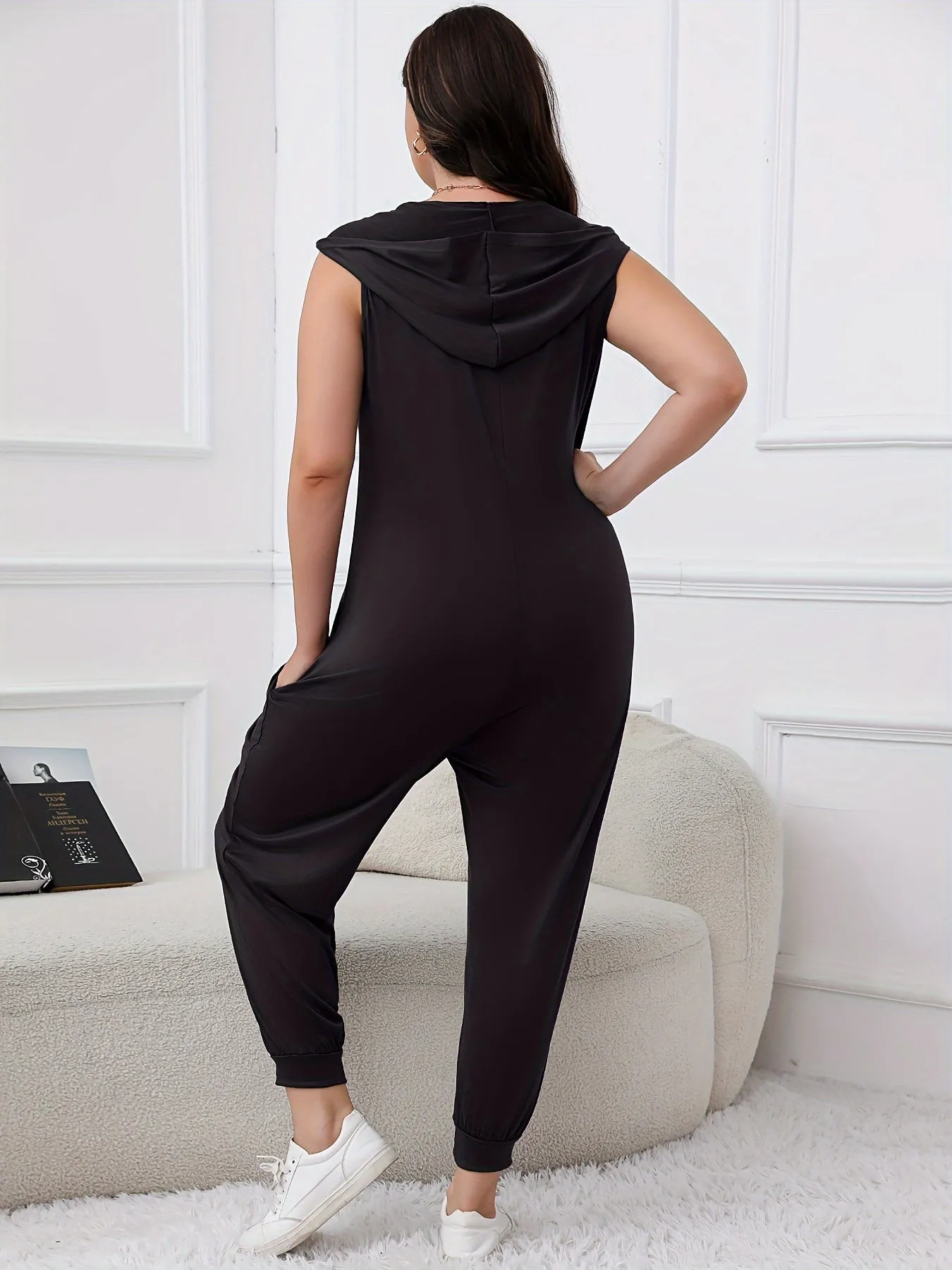 Women's Plus Solid Hooded Sleeveless Tank Jumpsuit