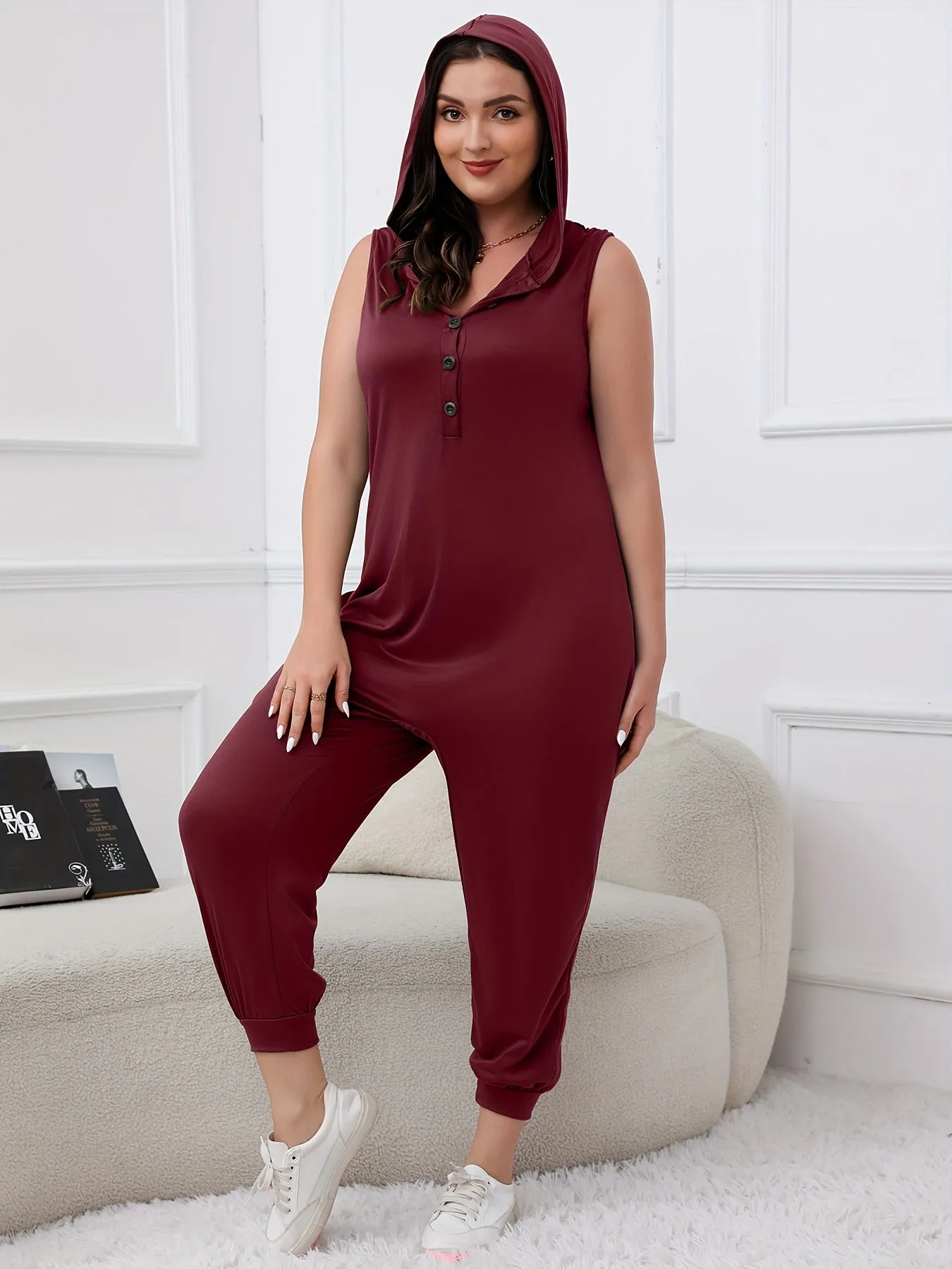 Women's Plus Solid Hooded Sleeveless Tank Jumpsuit