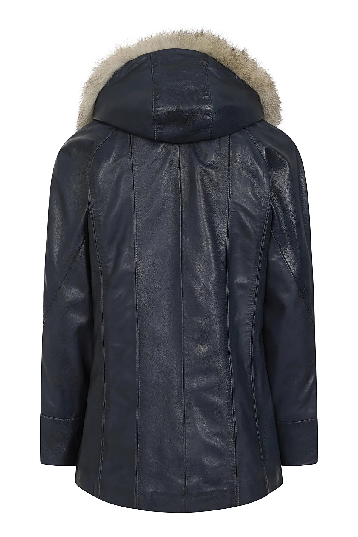 Women's Quality Navy 'Sky' Blue Leather Hip Length Coat with Fur Trimmed Detachable Hood - 'CARLA'