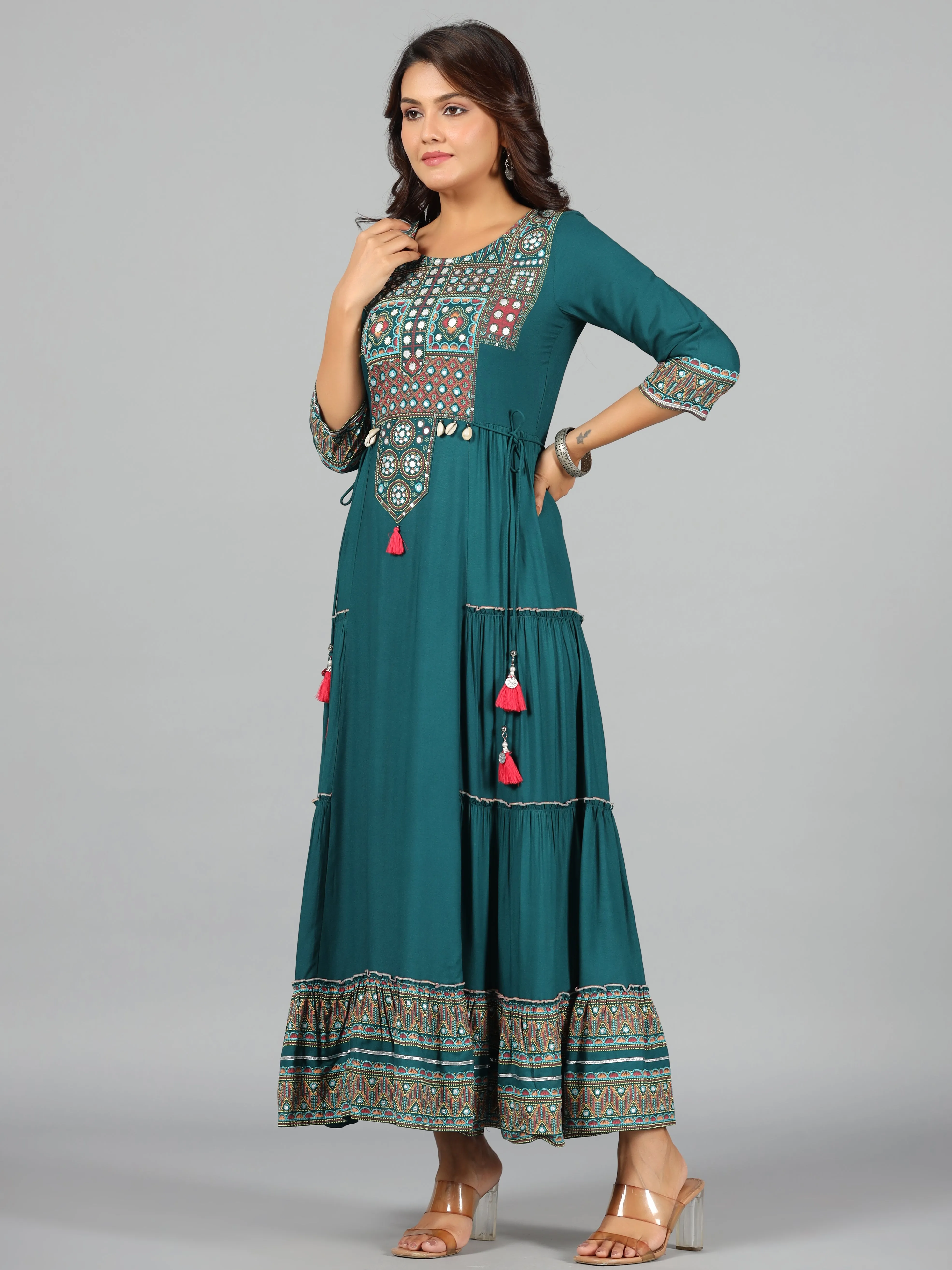 Women'S Teal Rayon Staple Printed Tiered Maxi Dress