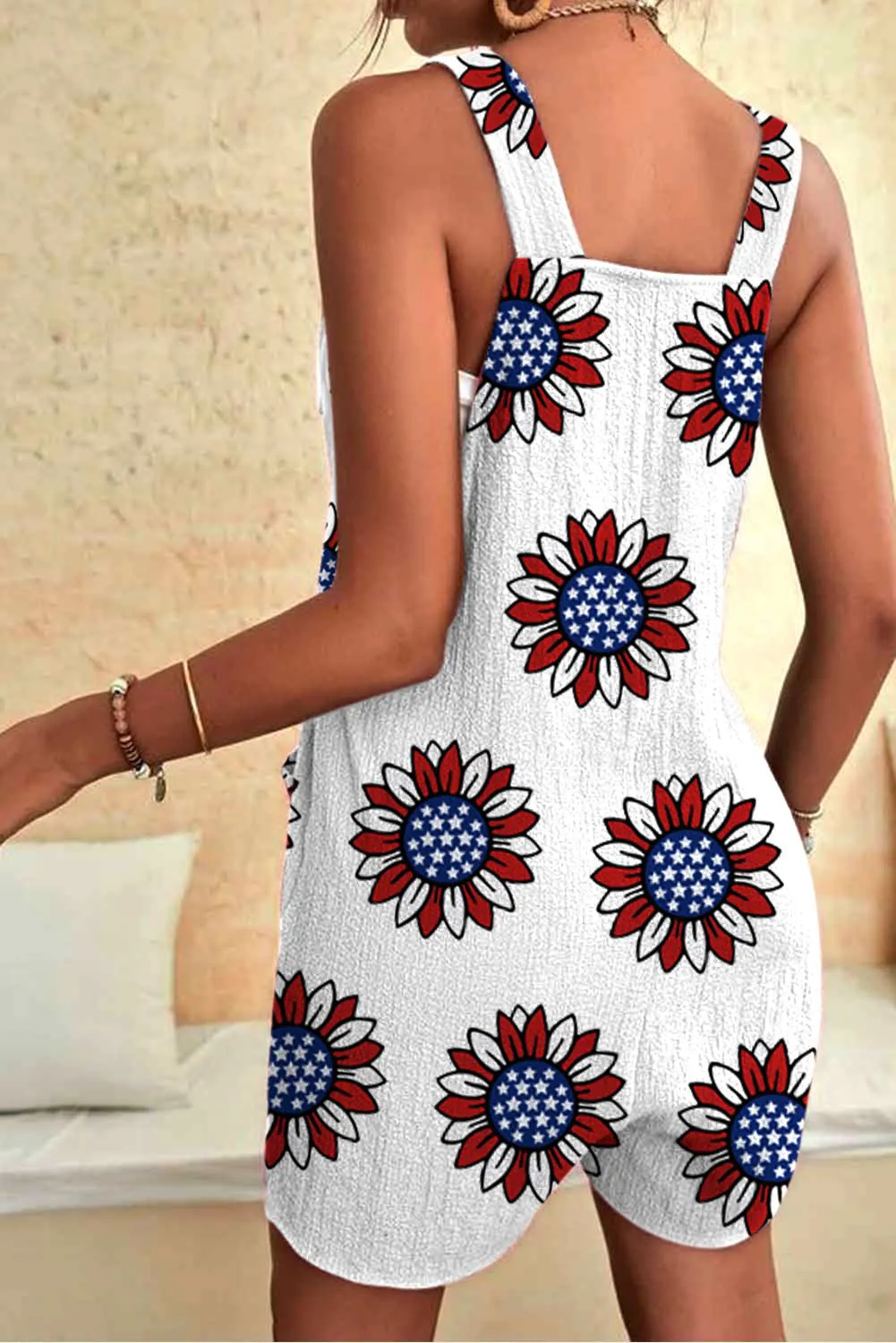 Women's US Flag Pattern Sunflower Print Casual Overall Romper