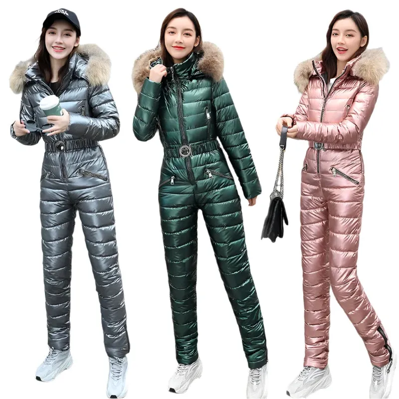 Women's Winter Ski Suit - Hooded Parka Jacket with Cotton Bodysuit, Zipper Overalls & Sashes Tracksuit