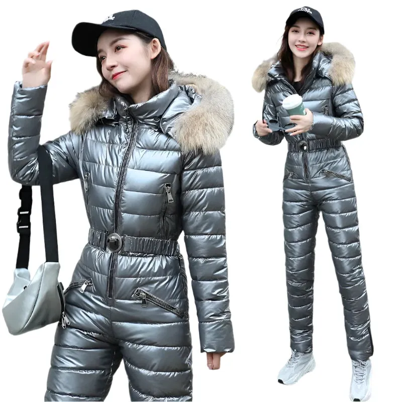 Women's Winter Ski Suit - Hooded Parka Jacket with Cotton Bodysuit, Zipper Overalls & Sashes Tracksuit