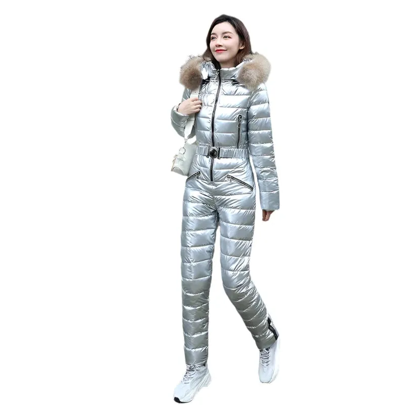 Women's Winter Ski Suit - Hooded Parka Jacket with Cotton Bodysuit, Zipper Overalls & Sashes Tracksuit