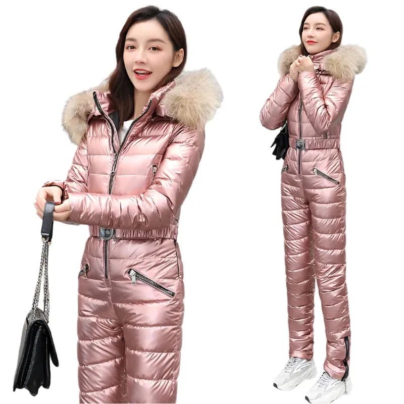 Women's Winter Ski Suit - Hooded Parka Jacket with Cotton Bodysuit, Zipper Overalls & Sashes Tracksuit