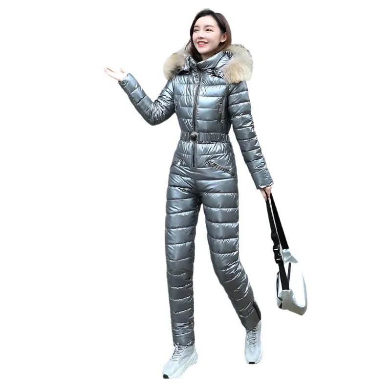 Women's Winter Ski Suit - Hooded Parka Jacket with Cotton Bodysuit, Zipper Overalls & Sashes Tracksuit