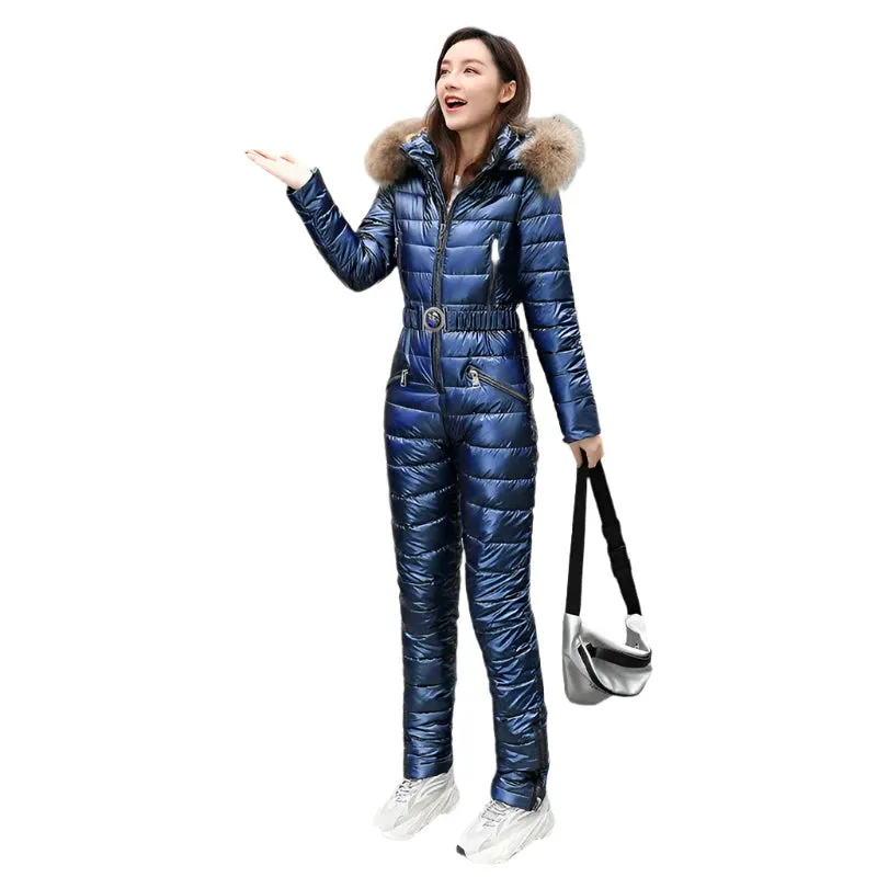 Women's Winter Ski Suit - Hooded Parka Jacket with Cotton Bodysuit, Zipper Overalls & Sashes Tracksuit