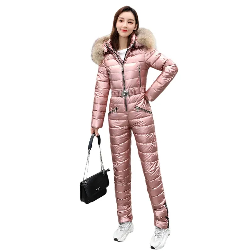 Women's Winter Ski Suit - Hooded Parka Jacket with Cotton Bodysuit, Zipper Overalls & Sashes Tracksuit