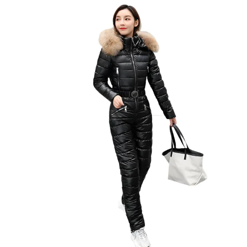 Women's Winter Ski Suit - Hooded Parka Jacket with Cotton Bodysuit, Zipper Overalls & Sashes Tracksuit