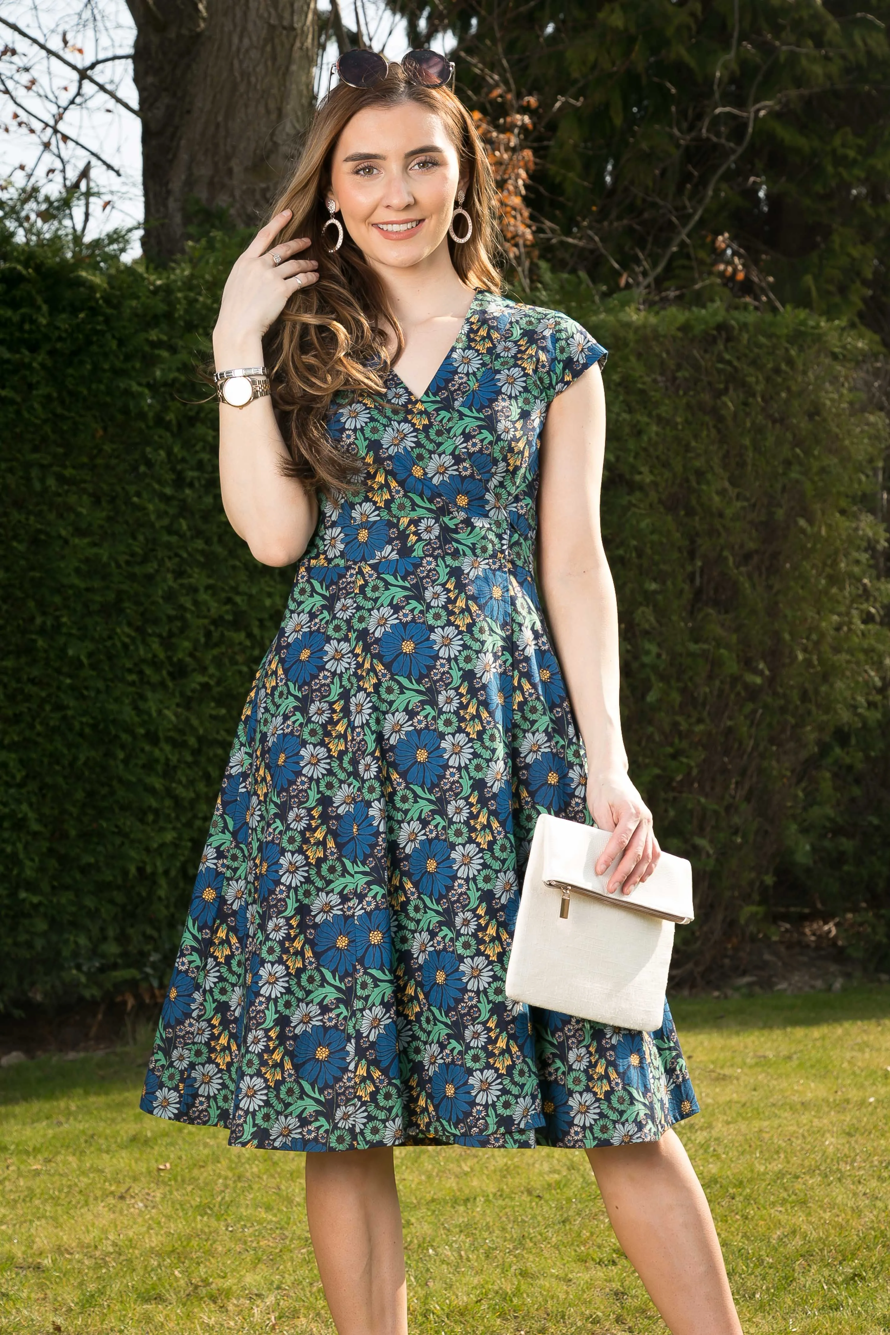 Wrap Cotton Dress Green Blue Floral Print