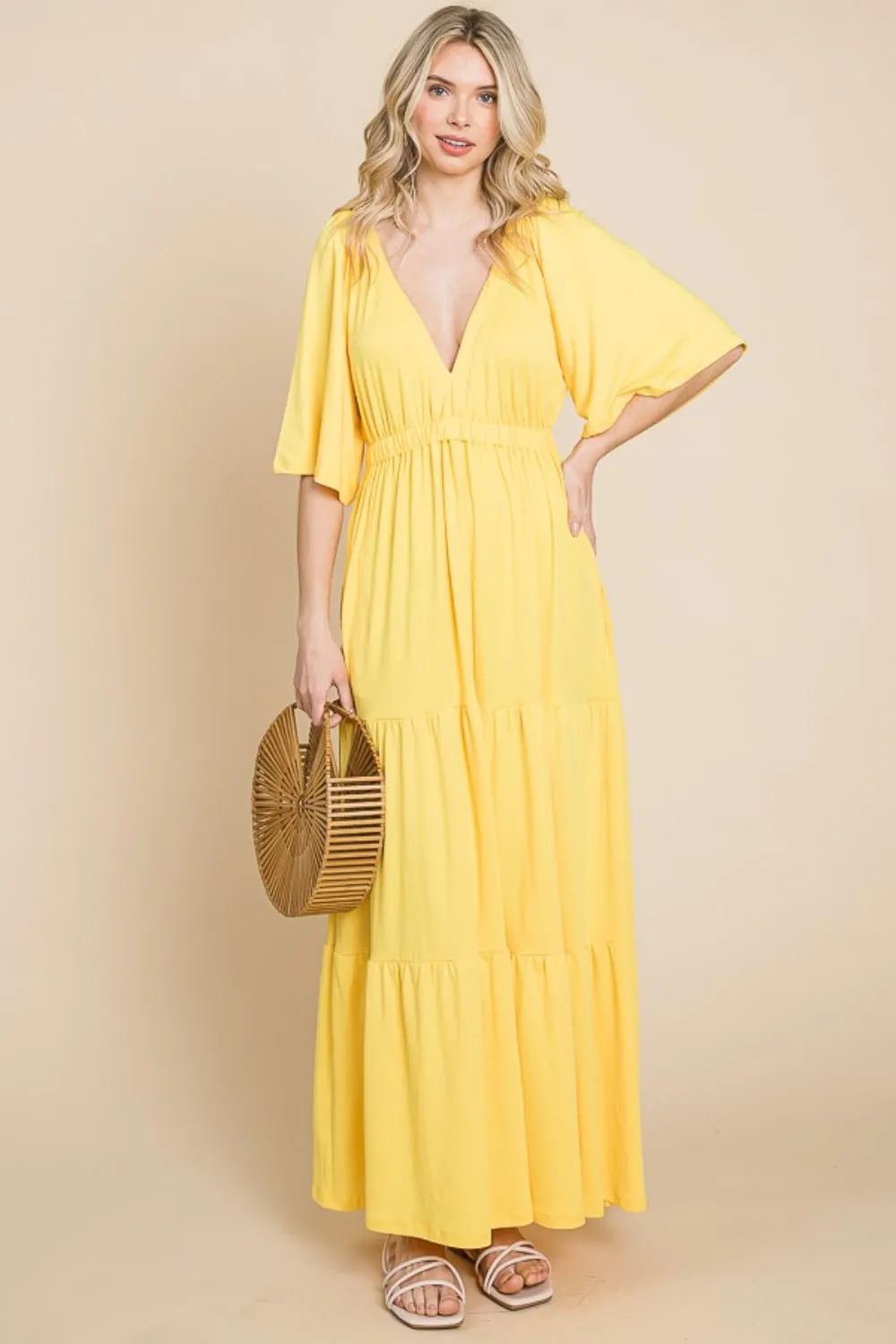 Yellow Backless Plunge Resort Maxi Dress