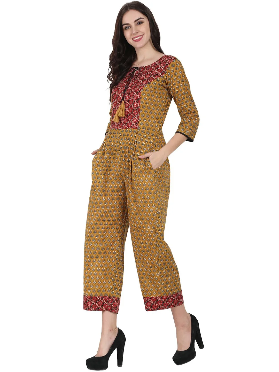 Yellow Printed 3/4Th Sleeve Cotton Jumpsuit With Double Pocket & Dori Work At Yoke