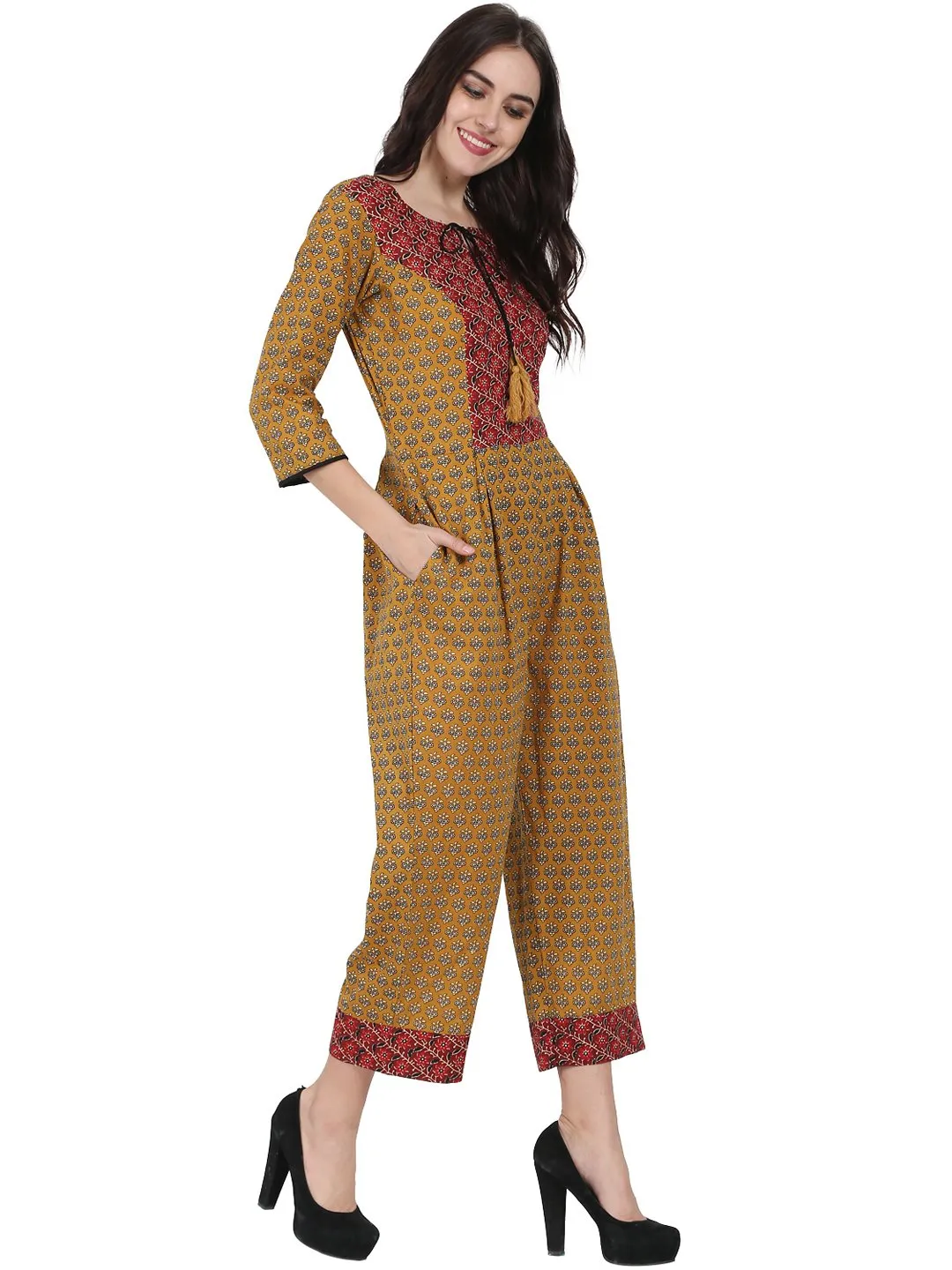 Yellow Printed 3/4Th Sleeve Cotton Jumpsuit With Double Pocket & Dori Work At Yoke