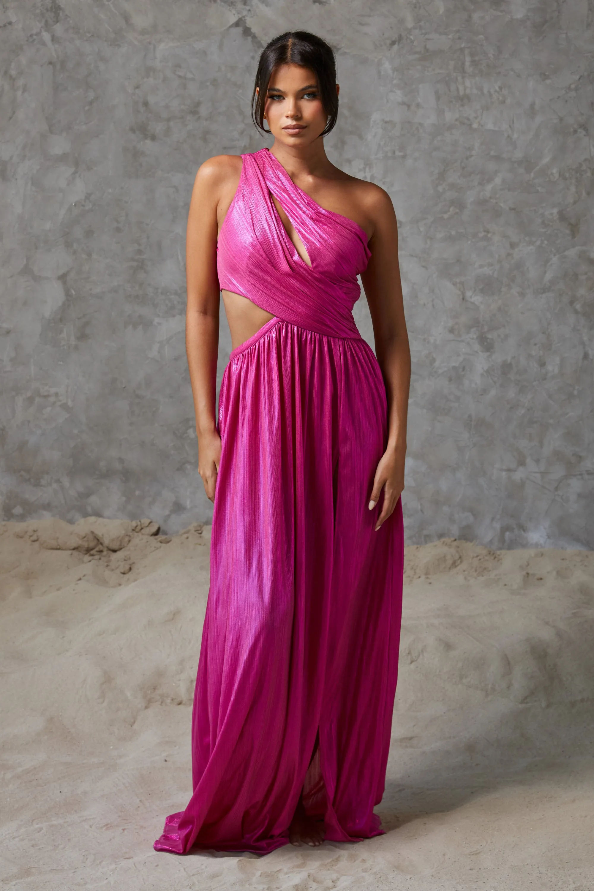 Zaya One Shoulder Pleated Maxi Dress Magenta